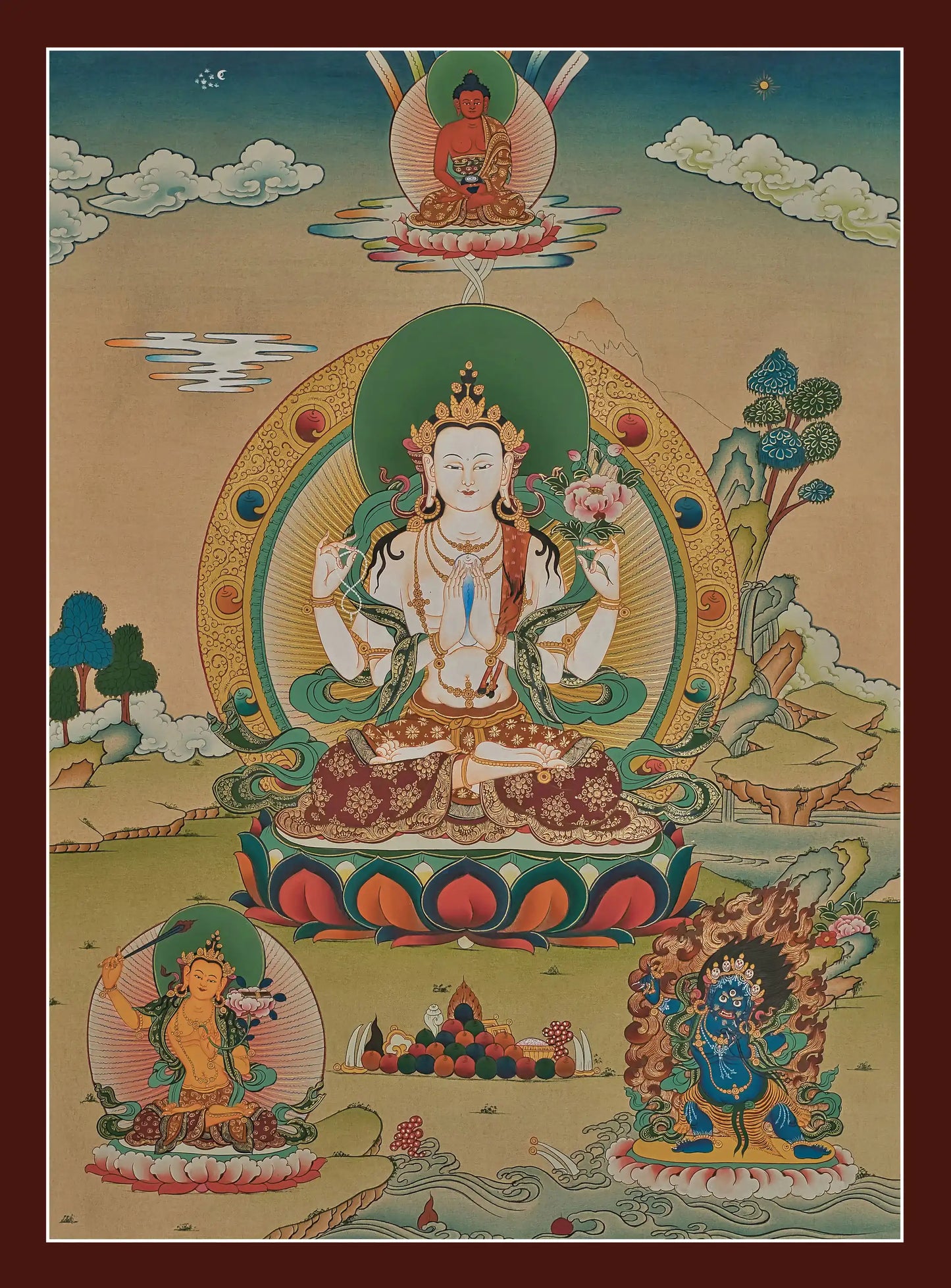 Chenrezig Thangka with Amitabha Buddha, Manjushri, and Mahakala - (18" * 24")