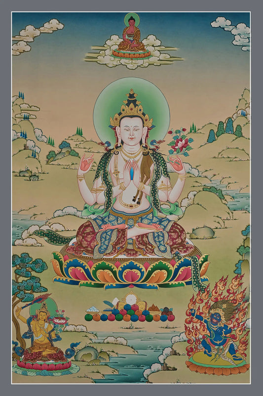 4 Armed Chenrezig Thangka with Amitabha Buddha, Manjushri, and Mahakala - (20" * 30")