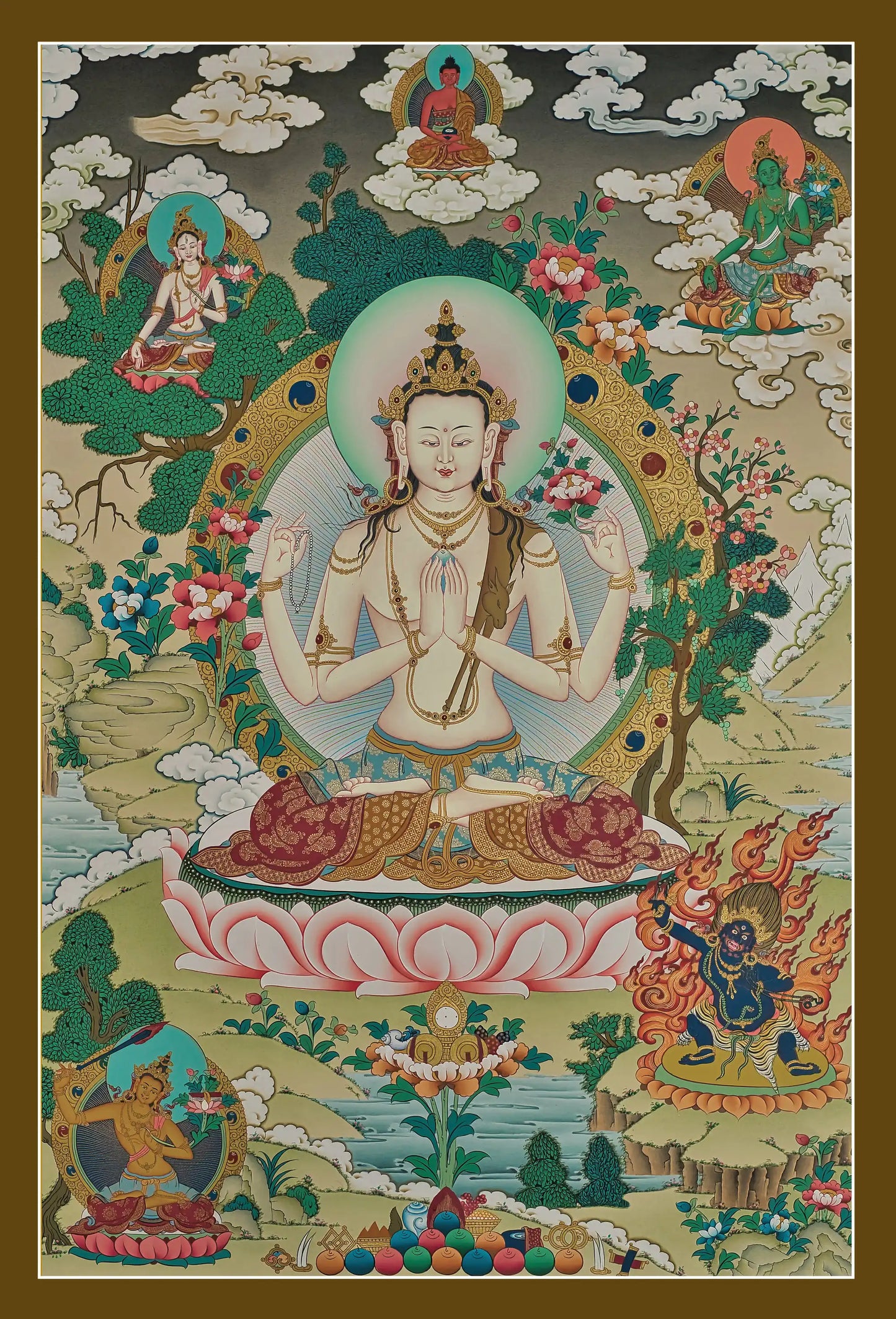 Chenrezig Thangka with Amitabha, Green Tara and Other Deities - (20" * 30")