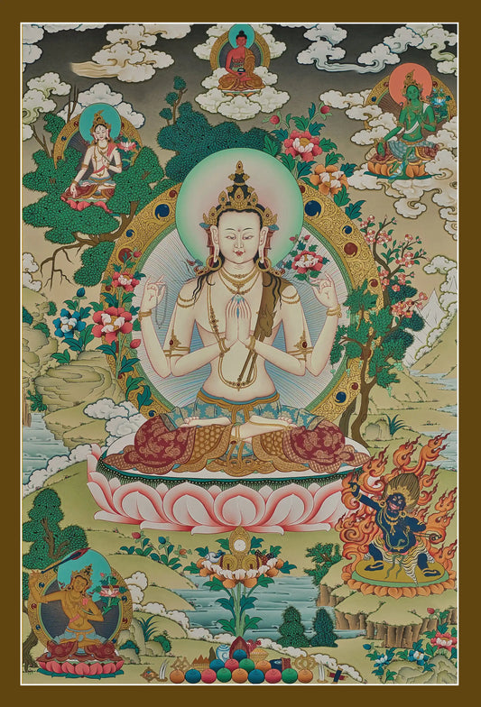Chenrezig Thangka with Amitabha, Green Tara and Other Deities - (20" * 30")