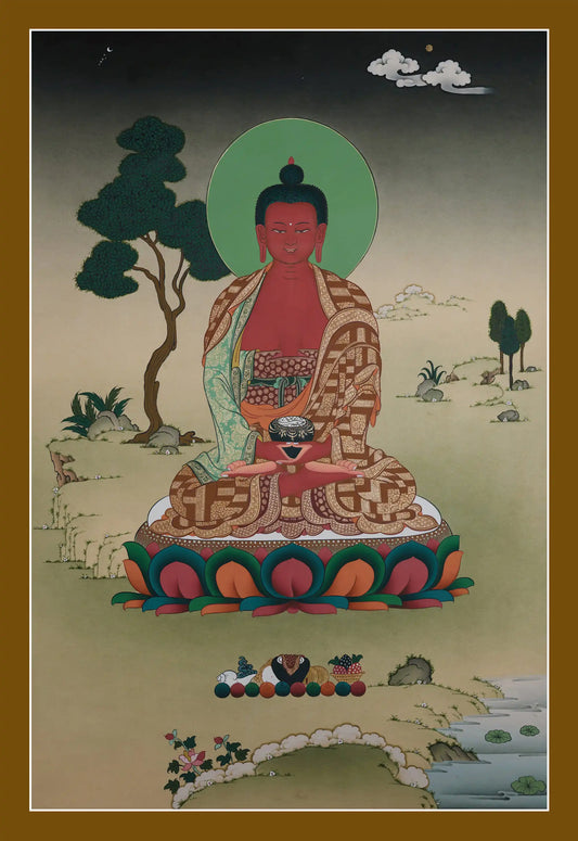 Tibetan Thangka painting of Amitabha Buddha, symbolizing infinite light and compassion.