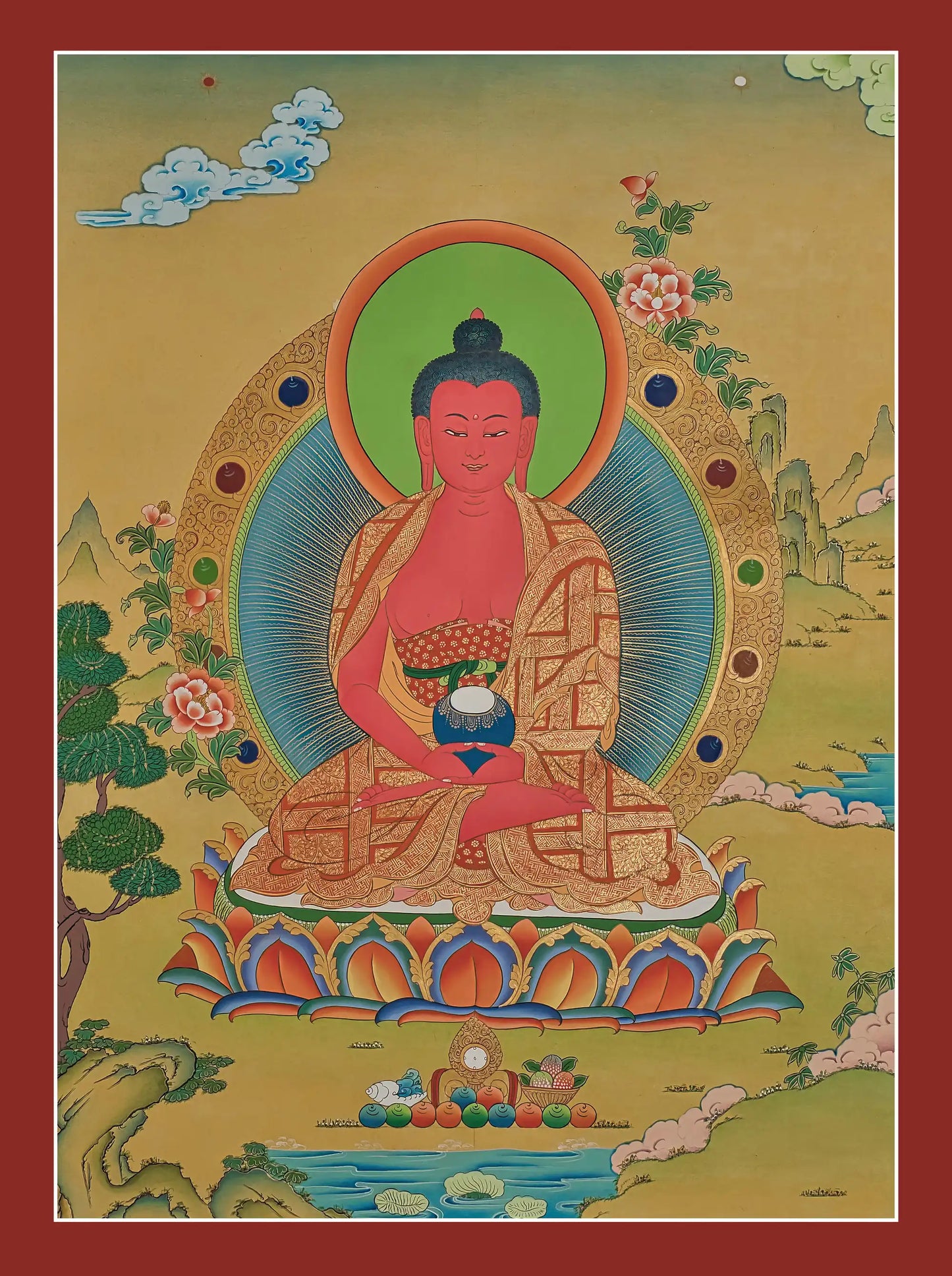 Amitabha Buddha Thangka painting, traditional Tibetan art with intricate details and vibrant colors