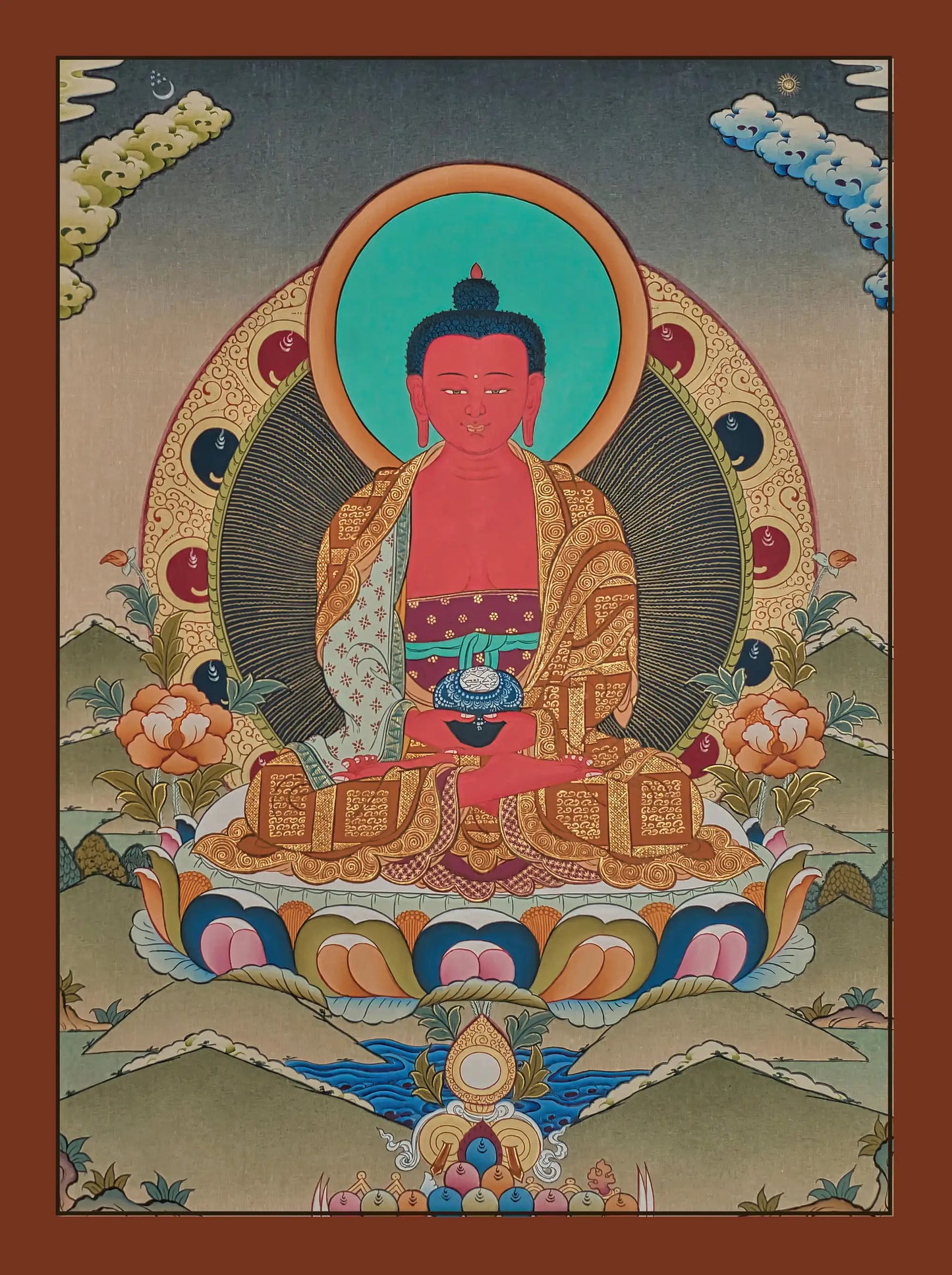 A colorful painting of Amitabha Buddha seated in a lotus position with a halo, surrounded by intricate patterns and a blue sky-like background.