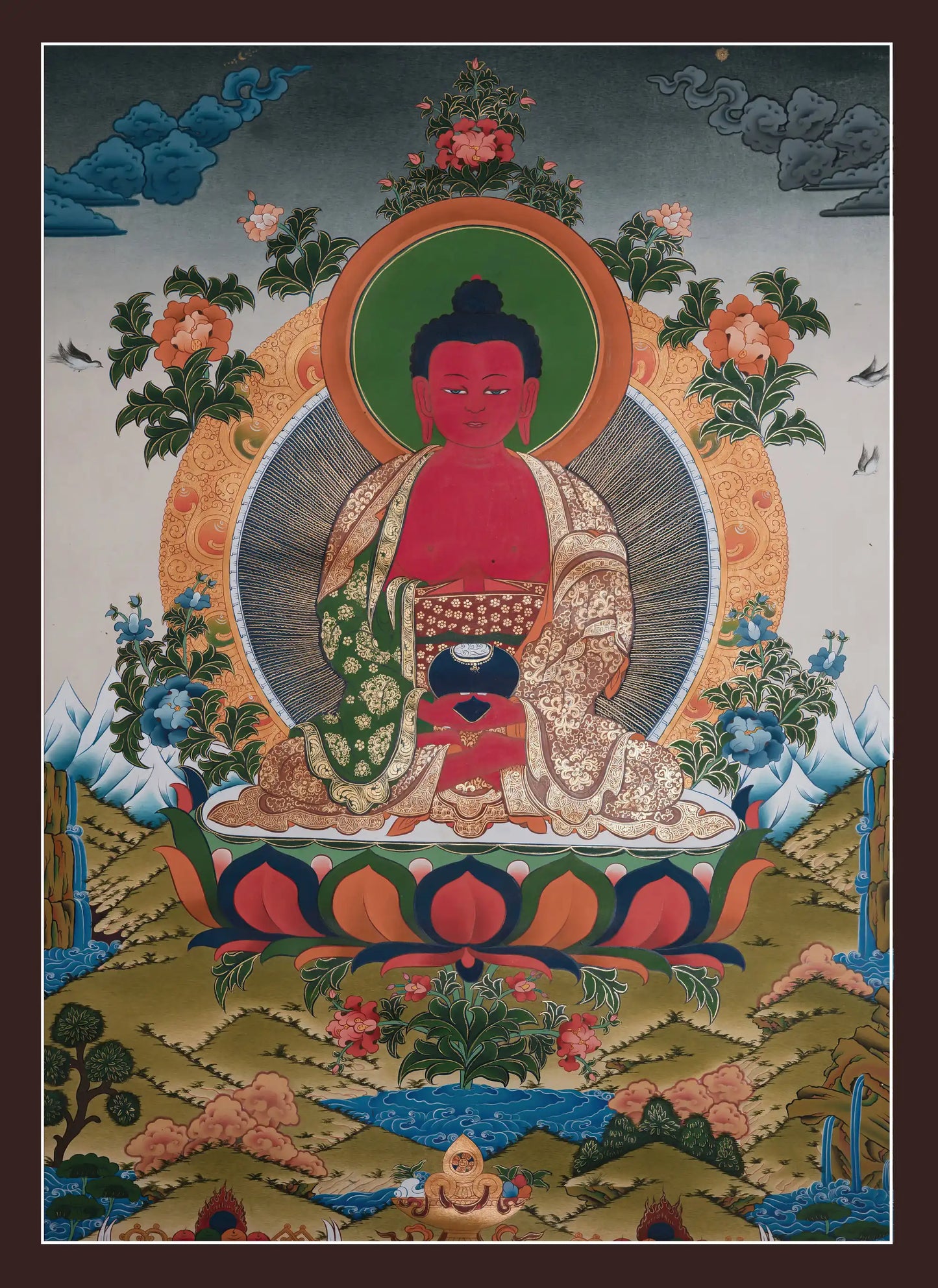 A traditional depiction of the Amitabha Pure Land Buddha, with a red face, surrounded by a golden halo and seated on a lotus flower. The background features a serene landscape with floral patterns.