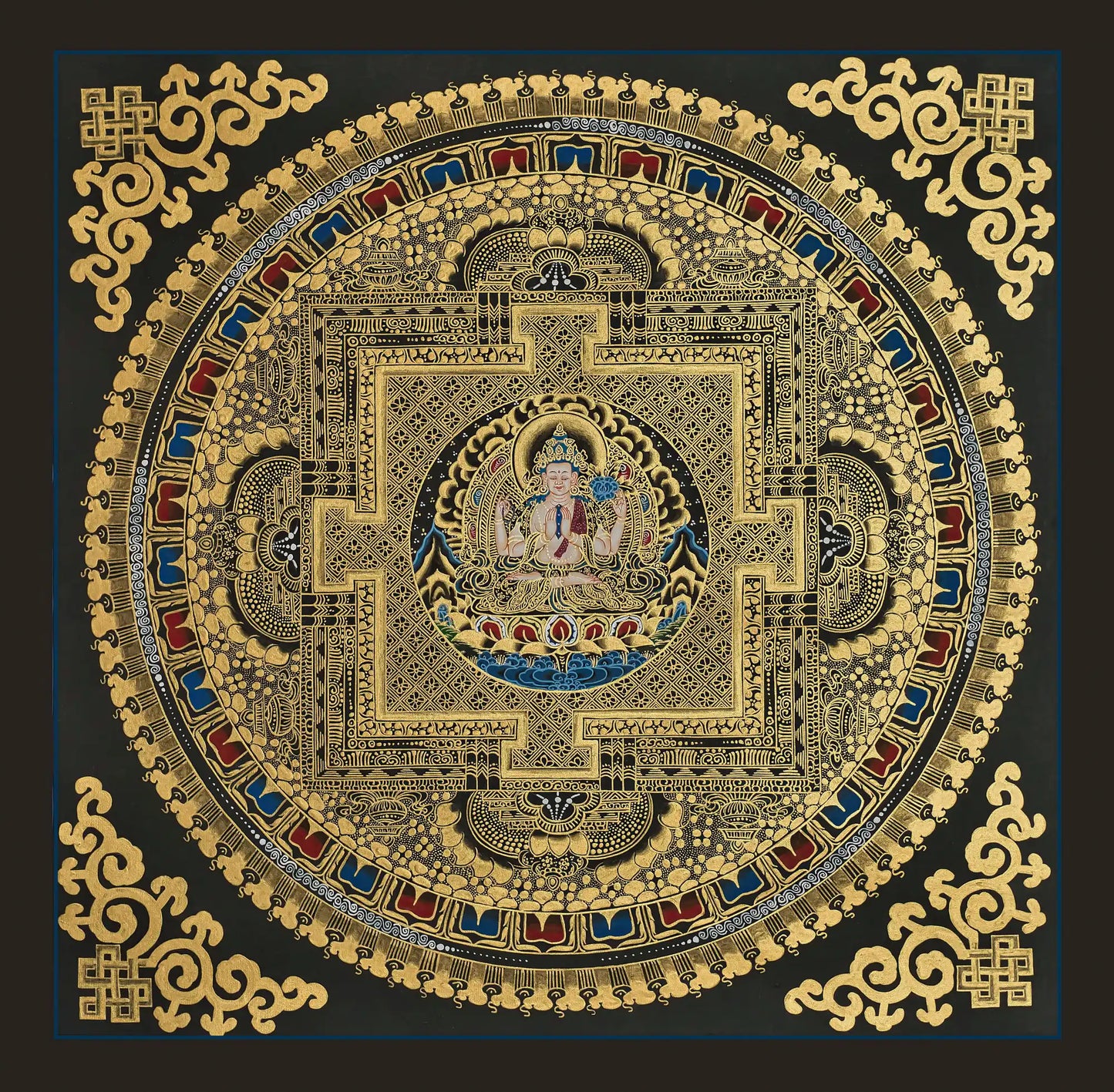 Black and Gold Mandala: Chenrezig in the Center