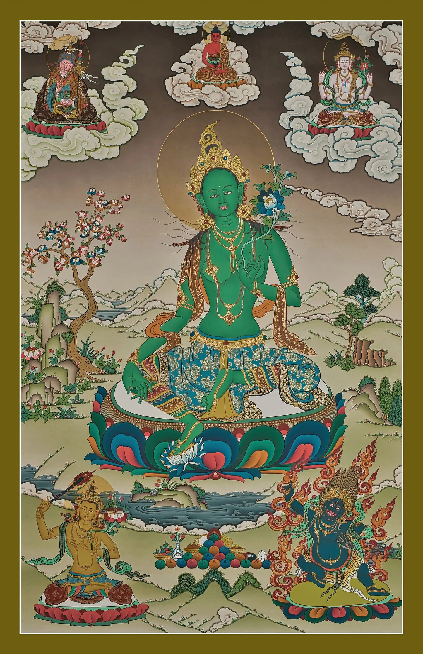 Green Tara Thangka (Amitabha Buddha, Guru Rinpoche, Chenrezig, Manjushri, Mahakala)