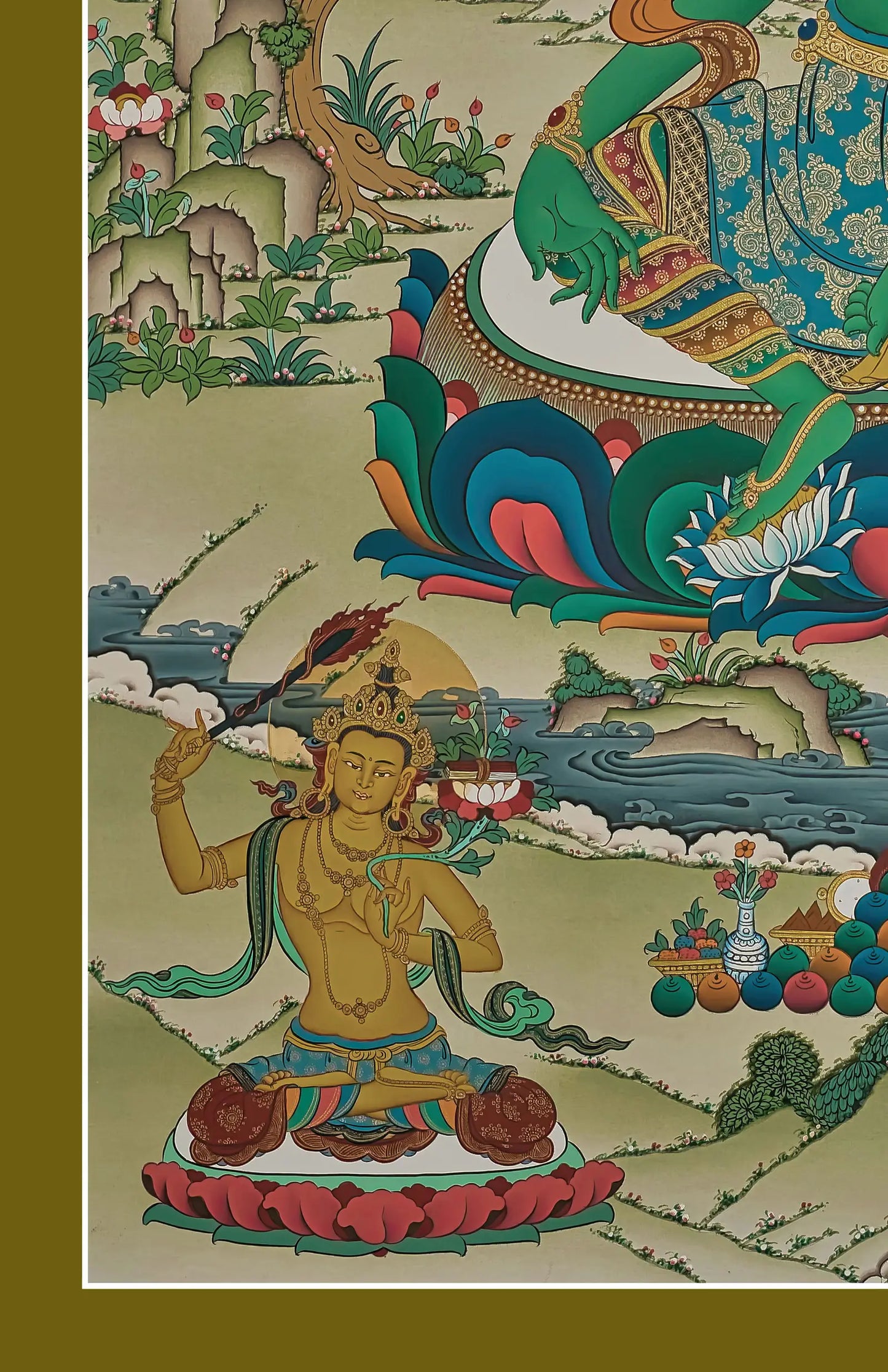 Green Tara Thangka (Amitabha Buddha, Guru Rinpoche, Chenrezig, Manjushri, Mahakala)