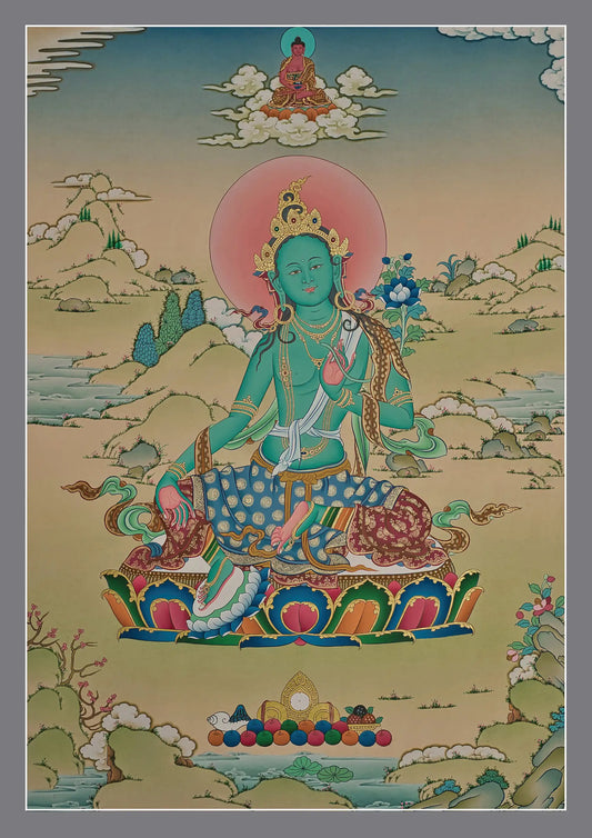 Green Tara Thangka (Amitabha Buddha at the Top)
