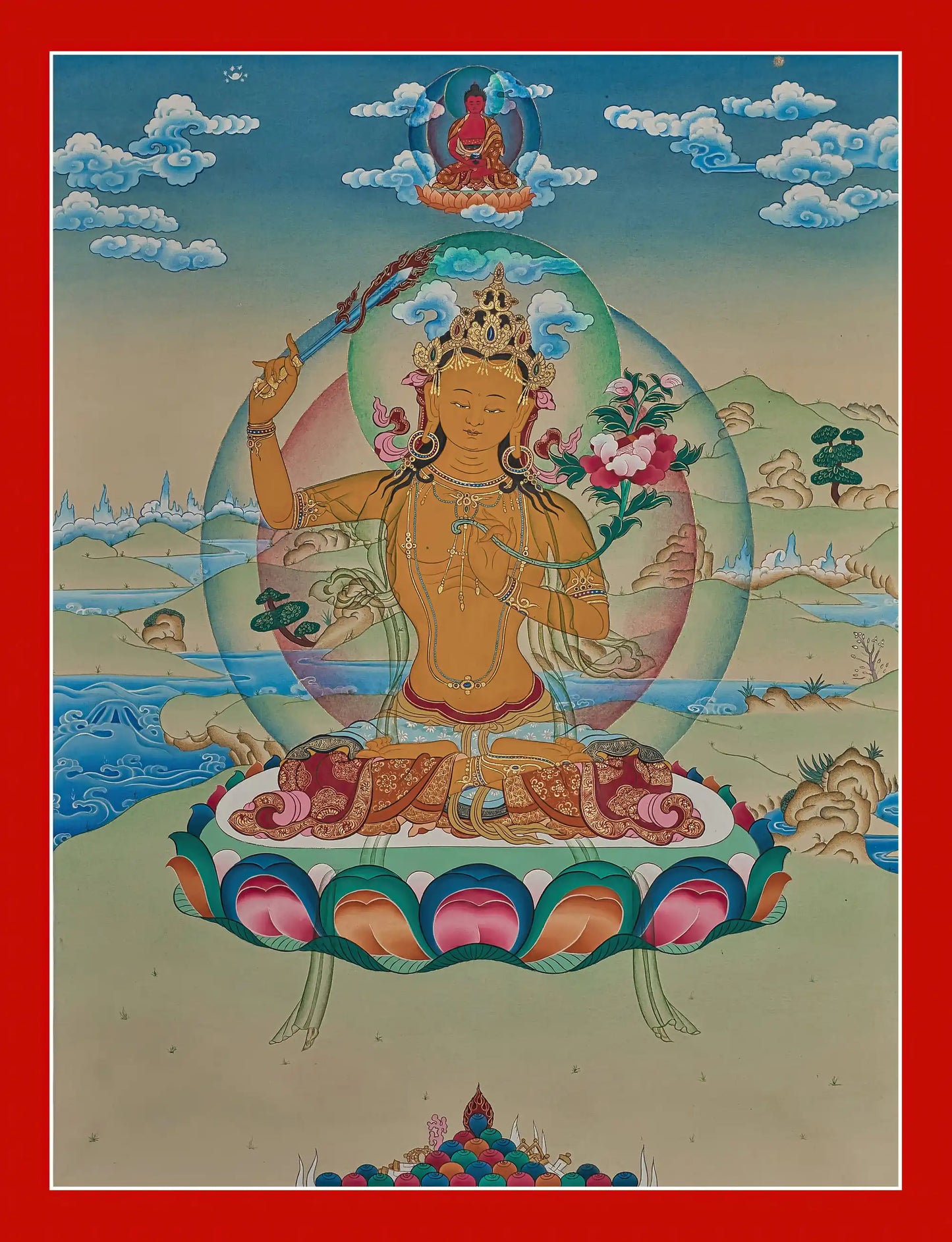 Manjushri Thangka with Amitabha Buddha - (18" * 24")