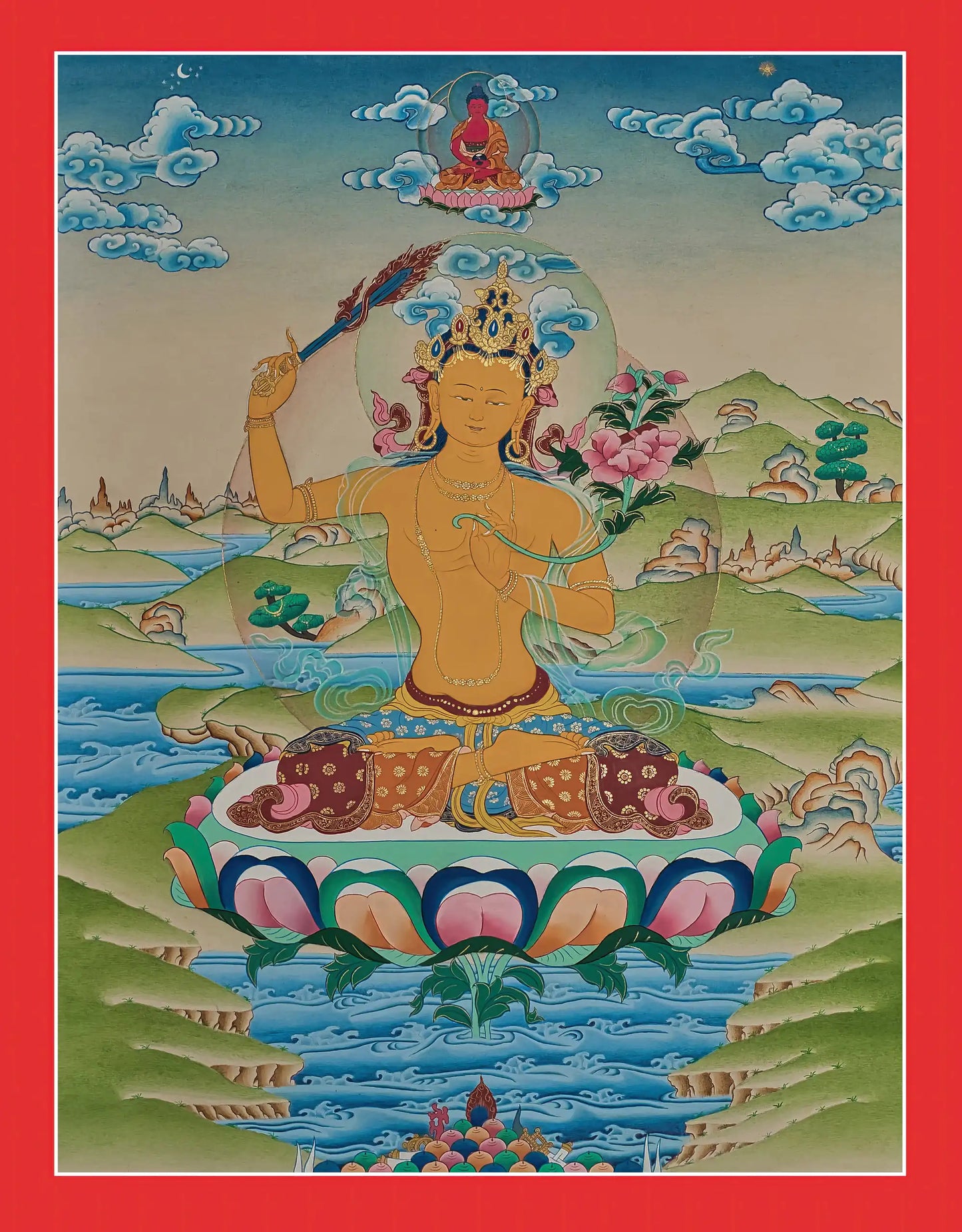 Manjushri Thangka with Amitabha Buddha - (18" * 24")