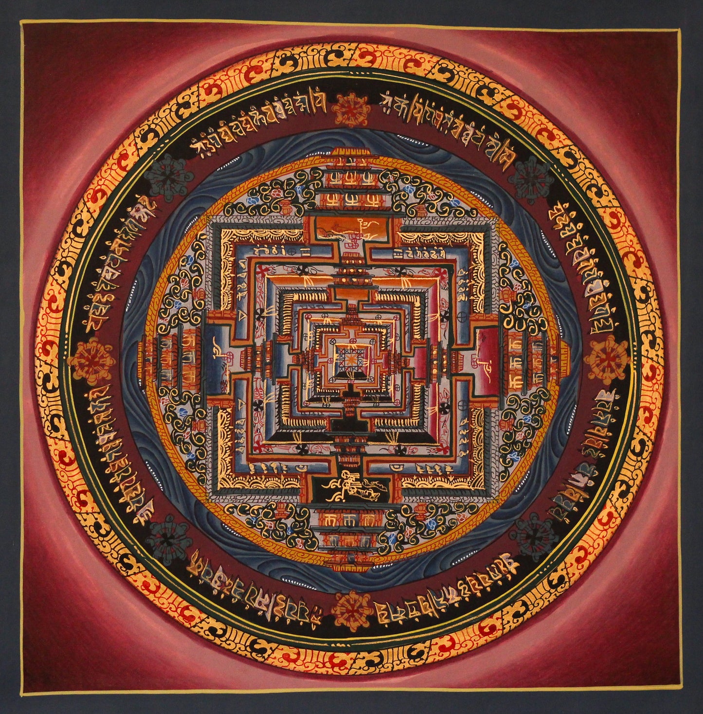 Hand-painted Kalachakra Mandala Thangka on maroon base background in traditional Tibetan Buddhist art with intricate geometric symbolism.