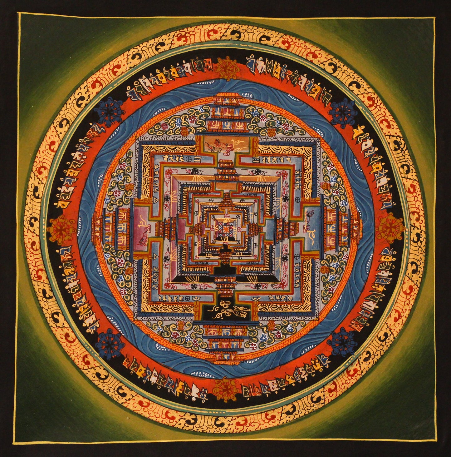 Hand-painted Kalachakra Mandala, Wheel of Time thangka featuring the sacred Wheel of Time mandala in traditional Tibetan Buddhist art with intricate geometric symbolism.