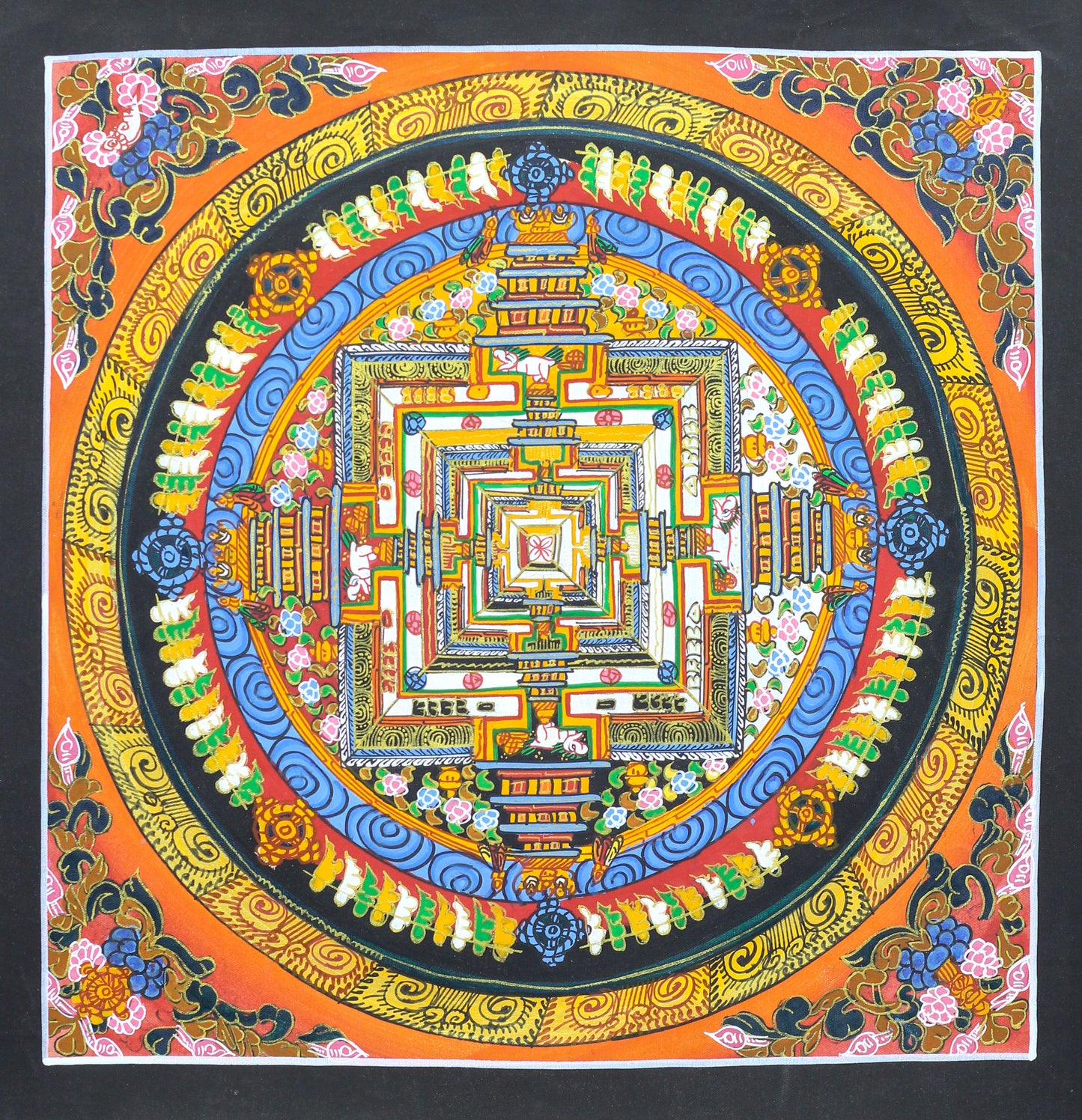 Traditional Floral Border Orange Kalachakra mandala thangka featuring sacred geometric patterns and Buddhist symbolism.
