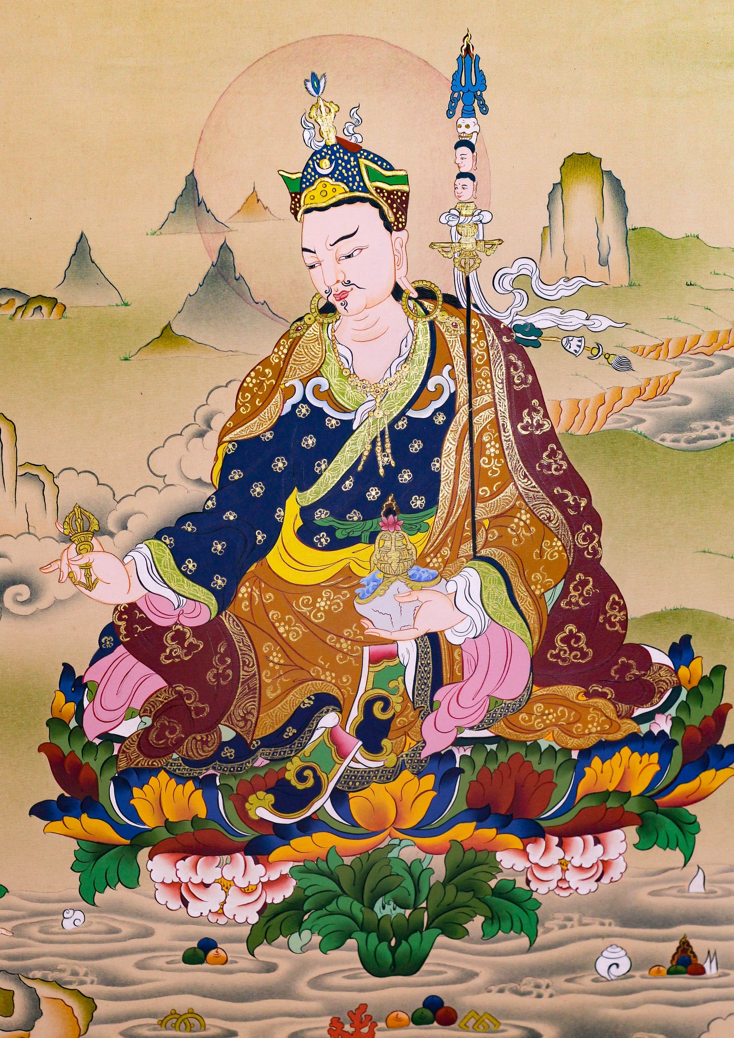 Three God Thangka: Guru Rinpoche, Amitabha Buddha and Chenrezig