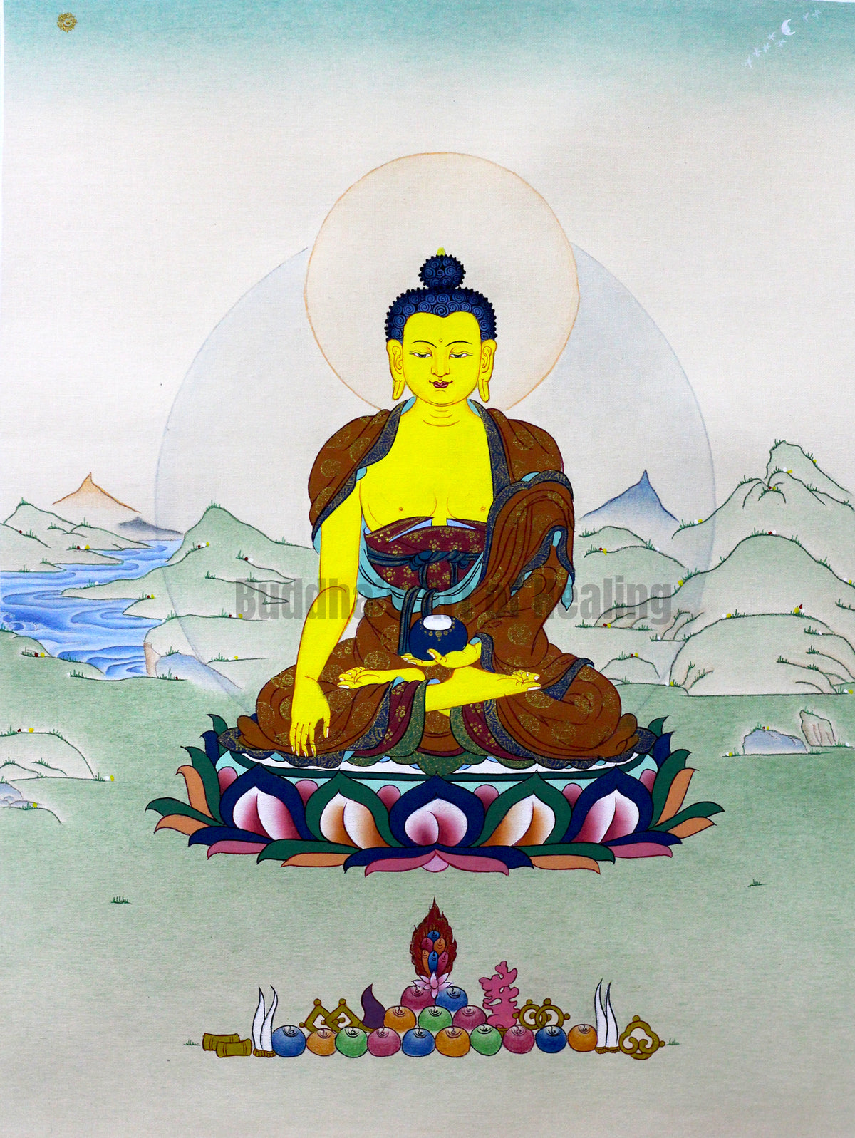 Enlightened Shakyamuni Buddha seated on a lotus in a serene Himalayan landscape