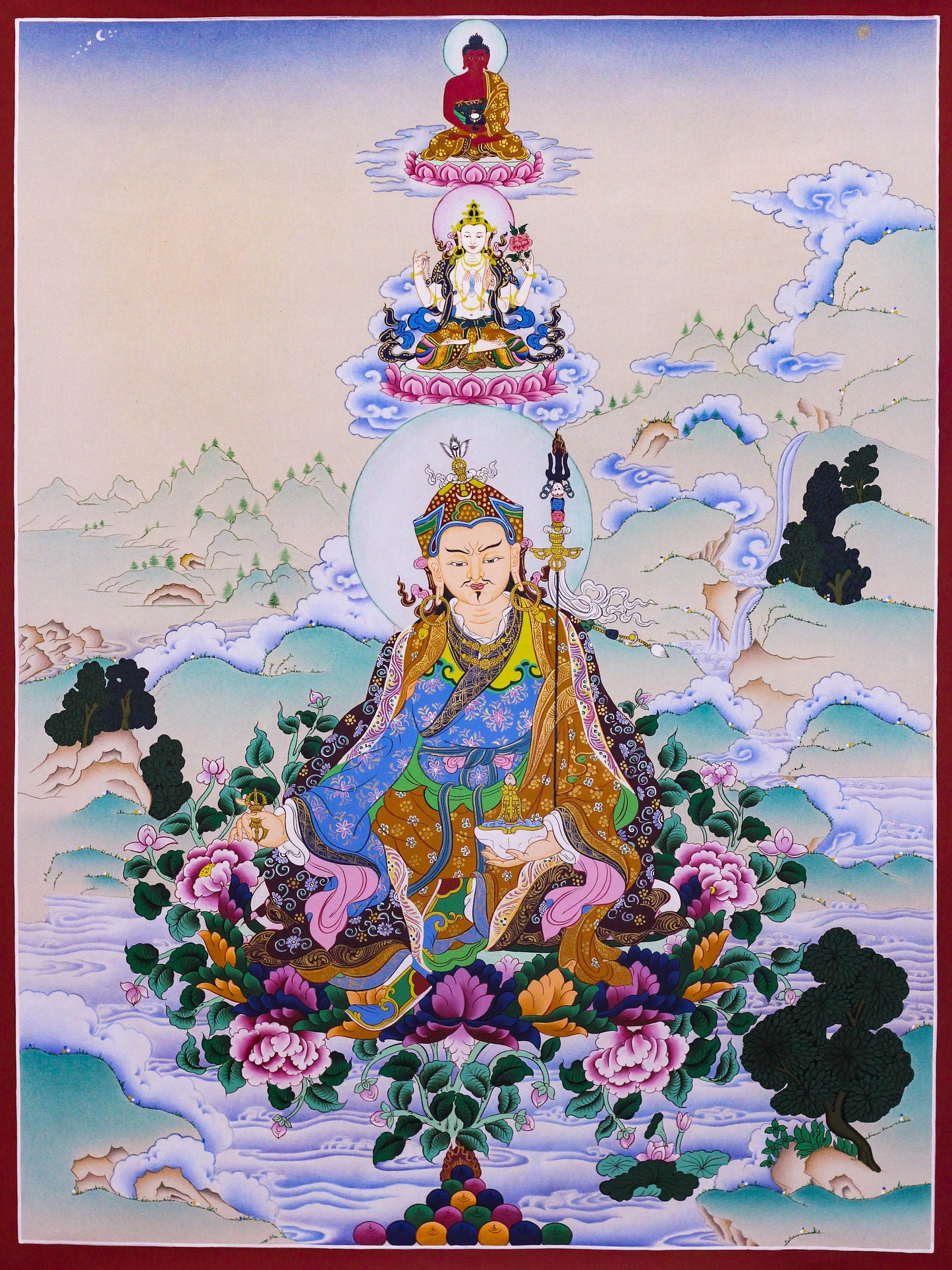 Guru Padmasambhava with Avalokiteshwara and Amitabha Buddha Thangka - (18" * 24")