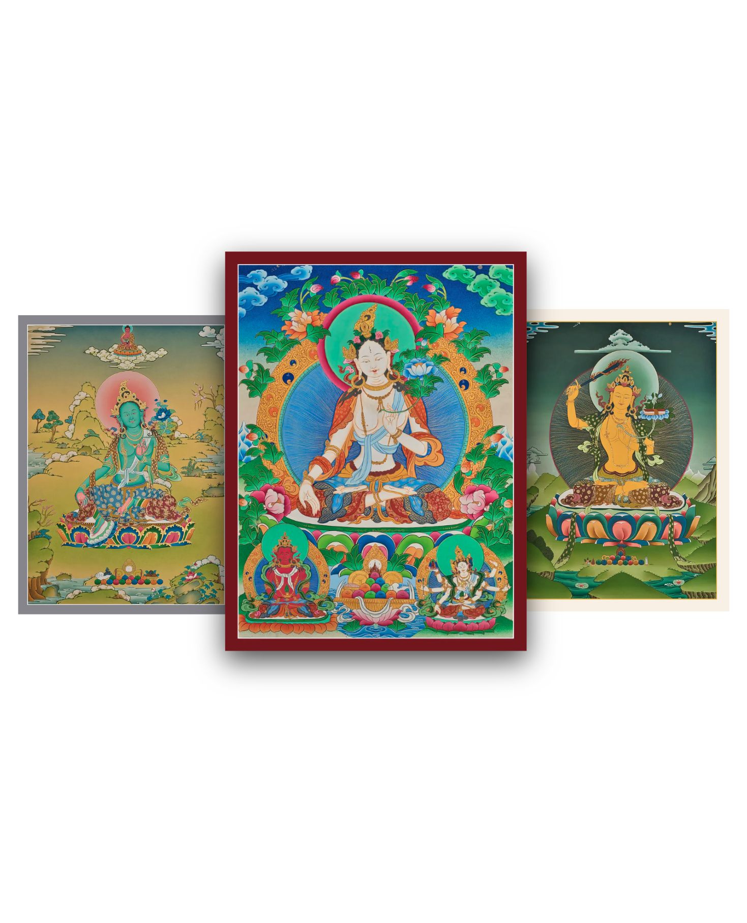 Bodhisattva Thangka Collection with Green Tara, White Tara, and Manjushri