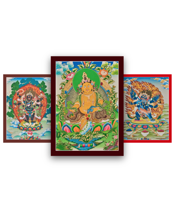 Deities Thanka Collection with Mahakala Thangka, Vajrakilaya Thangka, and Dzambhala Wealth Deity Thangka