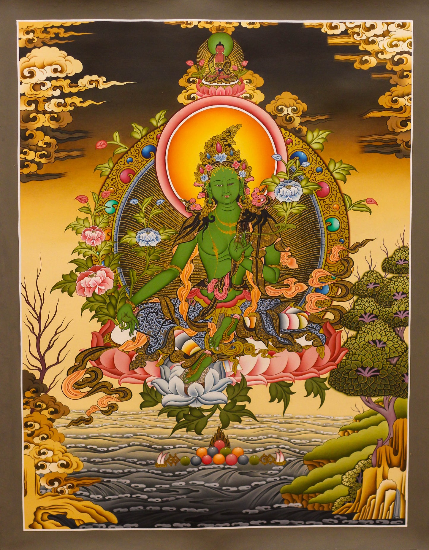 Green Tara (above Amitabha) Thangka - (18" * 23.5")