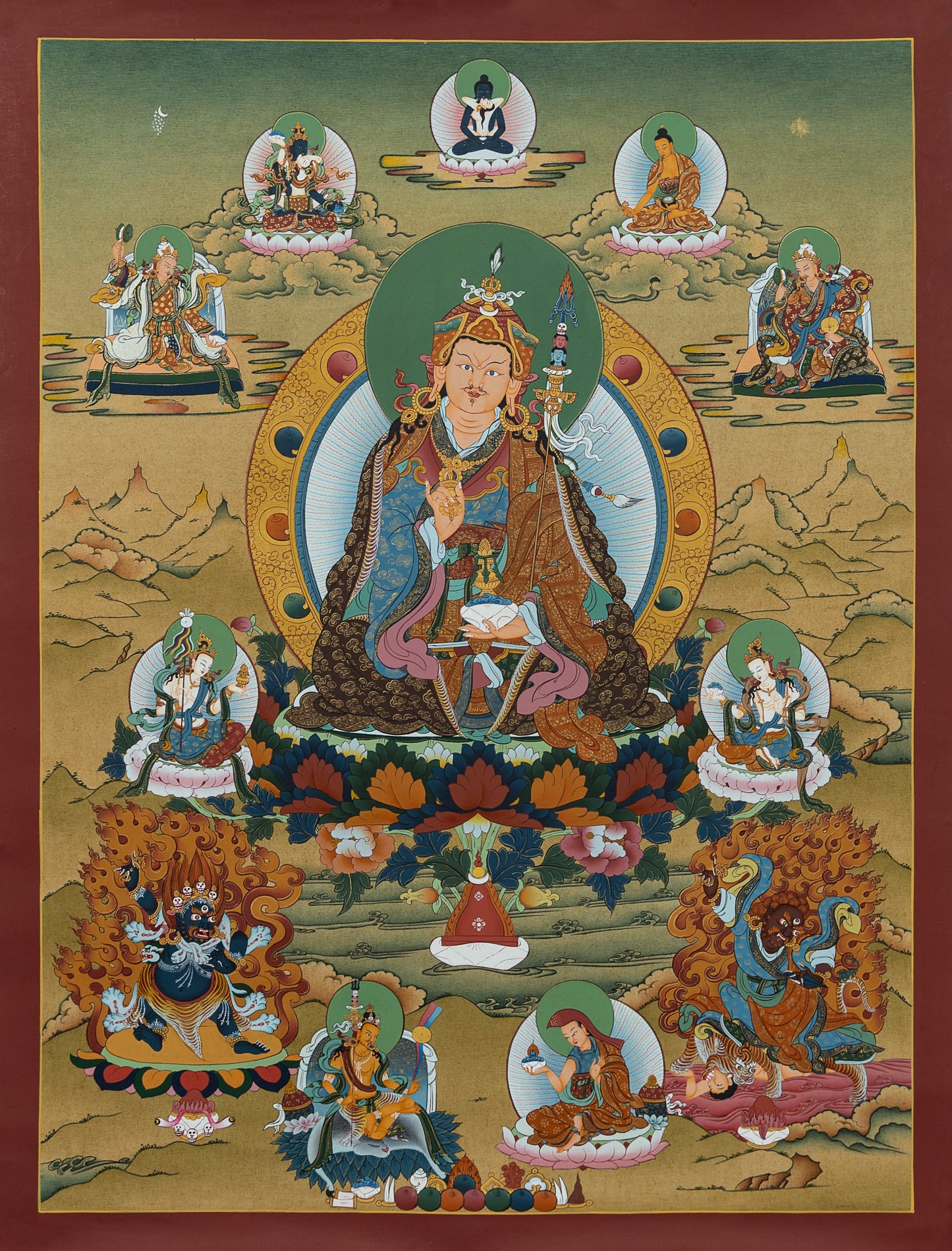 Hand Painted Guru Rinpoche Thangka Painting Accompanied by Other Deities