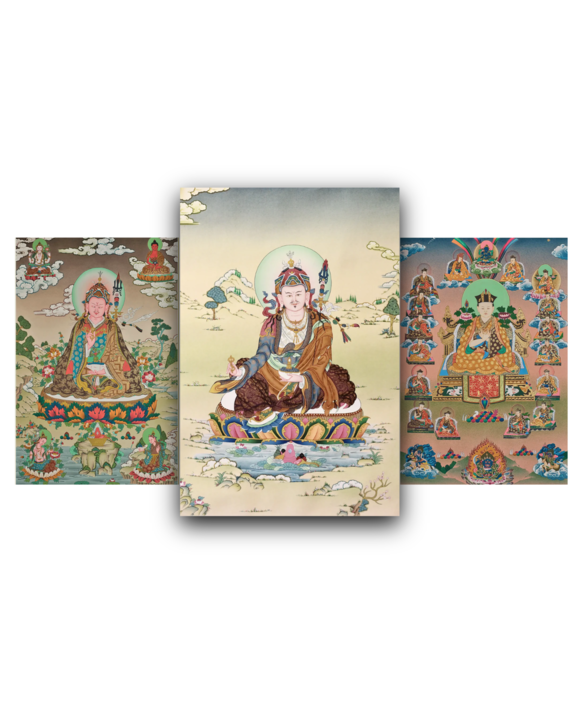 Guru Thangka Collection with Guru Rinpoche Thangka, Karmapa Thangka, and Padmasambhava Thangka
