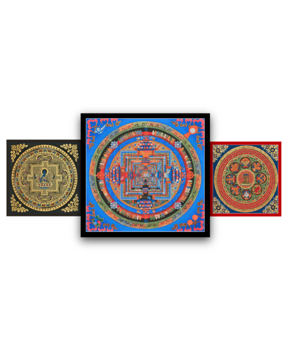 Mandala Thangka Collection with Kalachakra Mandala, Mantra Mandala, and Gold Mandala