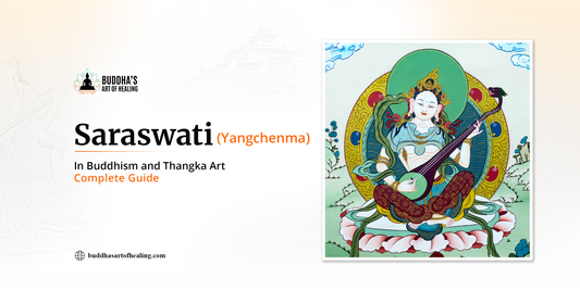 Traditional thangka painting of the Hindu goddess Saraswati seated on a lotus, holding a veena, surrounded by ornate gold details, colorful floral patterns, and a decorative halo against a richly detailed background.