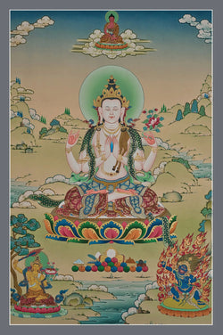 4 Armed Chenrezig Thangka with Amitabha Buddha, Manjushri, and Mahakala - (20" * 30")