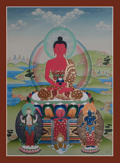 A Thangka painting featuring the Buddha Amitabha in a radiant pose with deities on either side, set against a landscape with mountains and a blue sky.