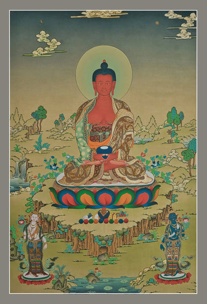 Amitabha Buddha Thangka (With Chenrezig and Vajrapani)