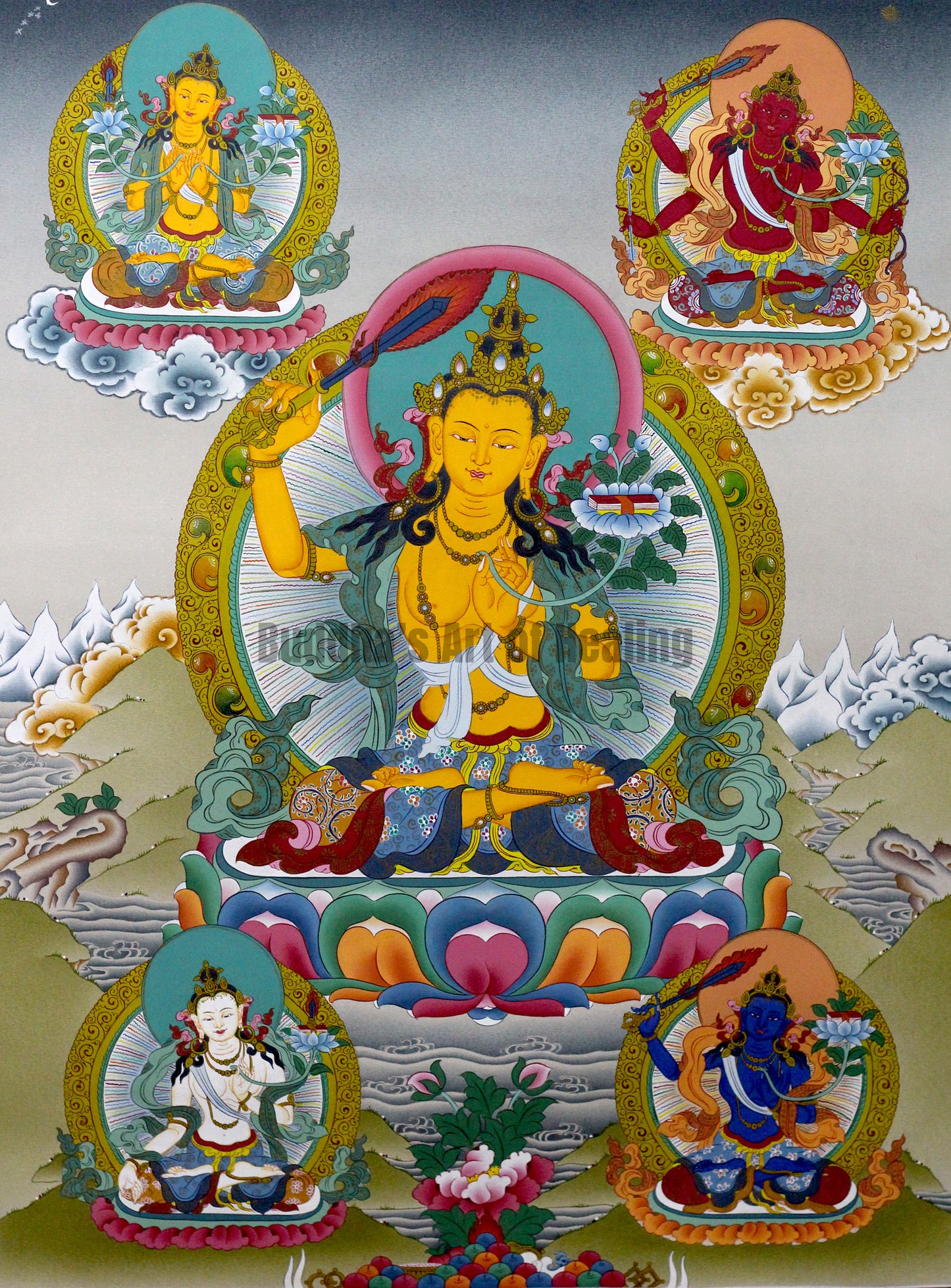 Five forms of the Manjushri. Manjushri thangka painting depicting its five forms, the main at the center with four others in colors white, blue, red, and yellow 