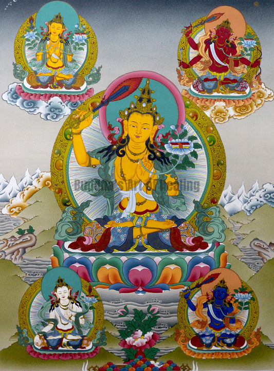 Five forms of the Manjushri. Manjushri thangka painting depicting its five forms, the main at the center with four others in colors white, blue, red, and yellow 
