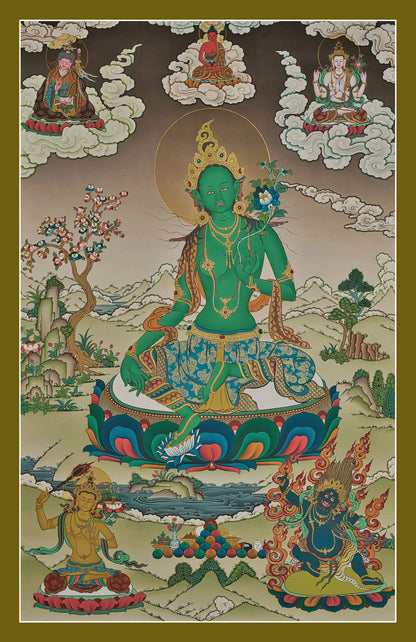 Green Tara Thangka (Amitabha Buddha, Guru Rinpoche, Chenrezig, Manjushri, Mahakala)