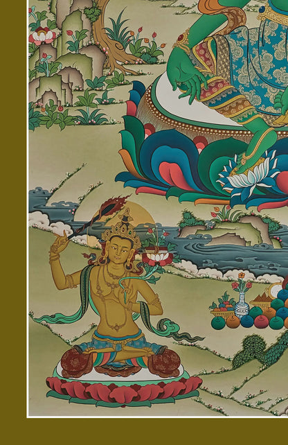 Green Tara Thangka (Amitabha Buddha, Guru Rinpoche, Chenrezig, Manjushri, Mahakala)