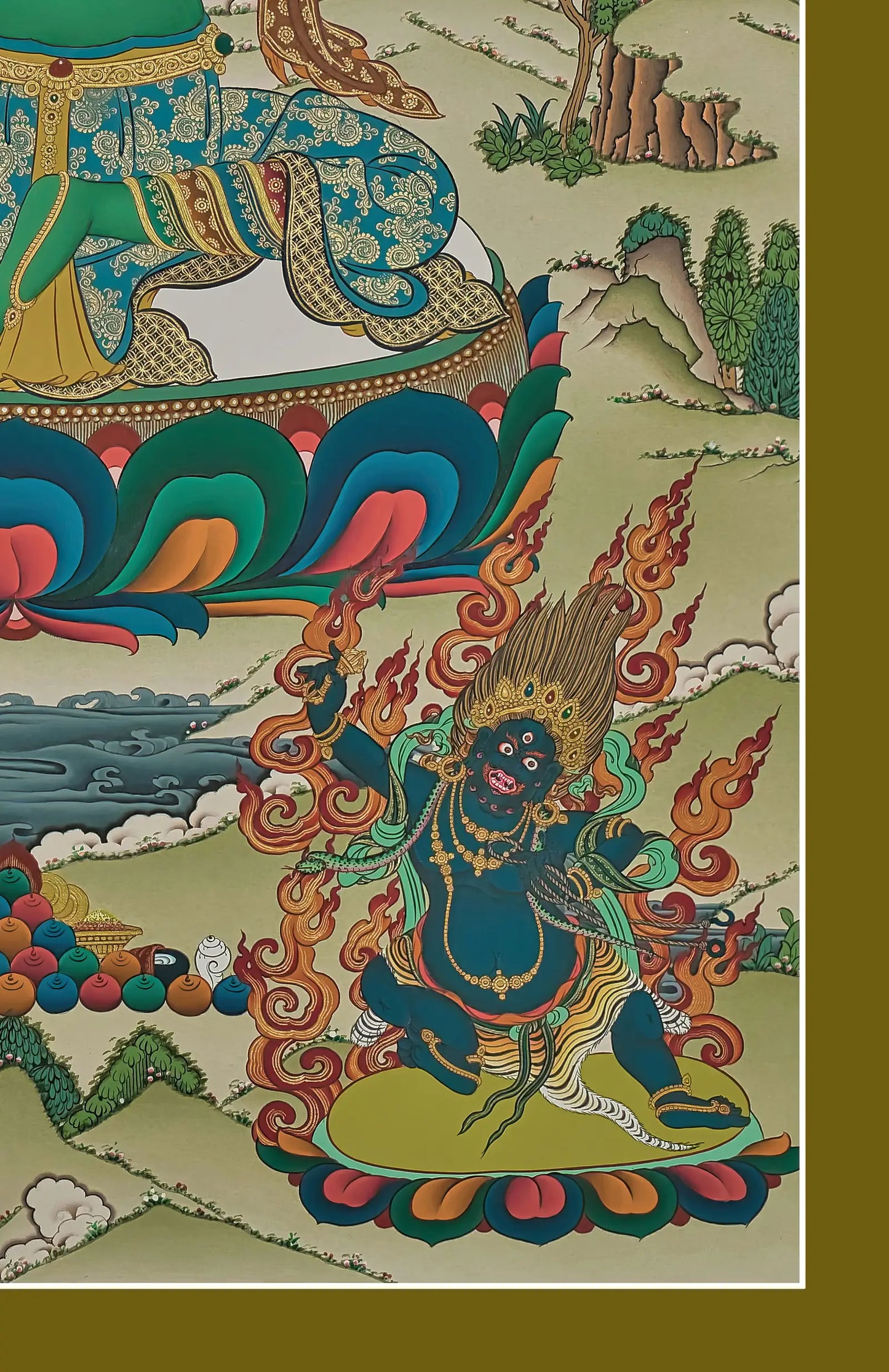 Green Tara Thangka (Amitabha Buddha, Guru Rinpoche, Chenrezig, Manjushri, Mahakala)