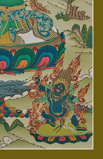 Green Tara Thangka (Amitabha Buddha, Guru Rinpoche, Chenrezig, Manjushri, Mahakala)