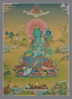 Green Tara Thangka (Amitabha Buddha at the Top)