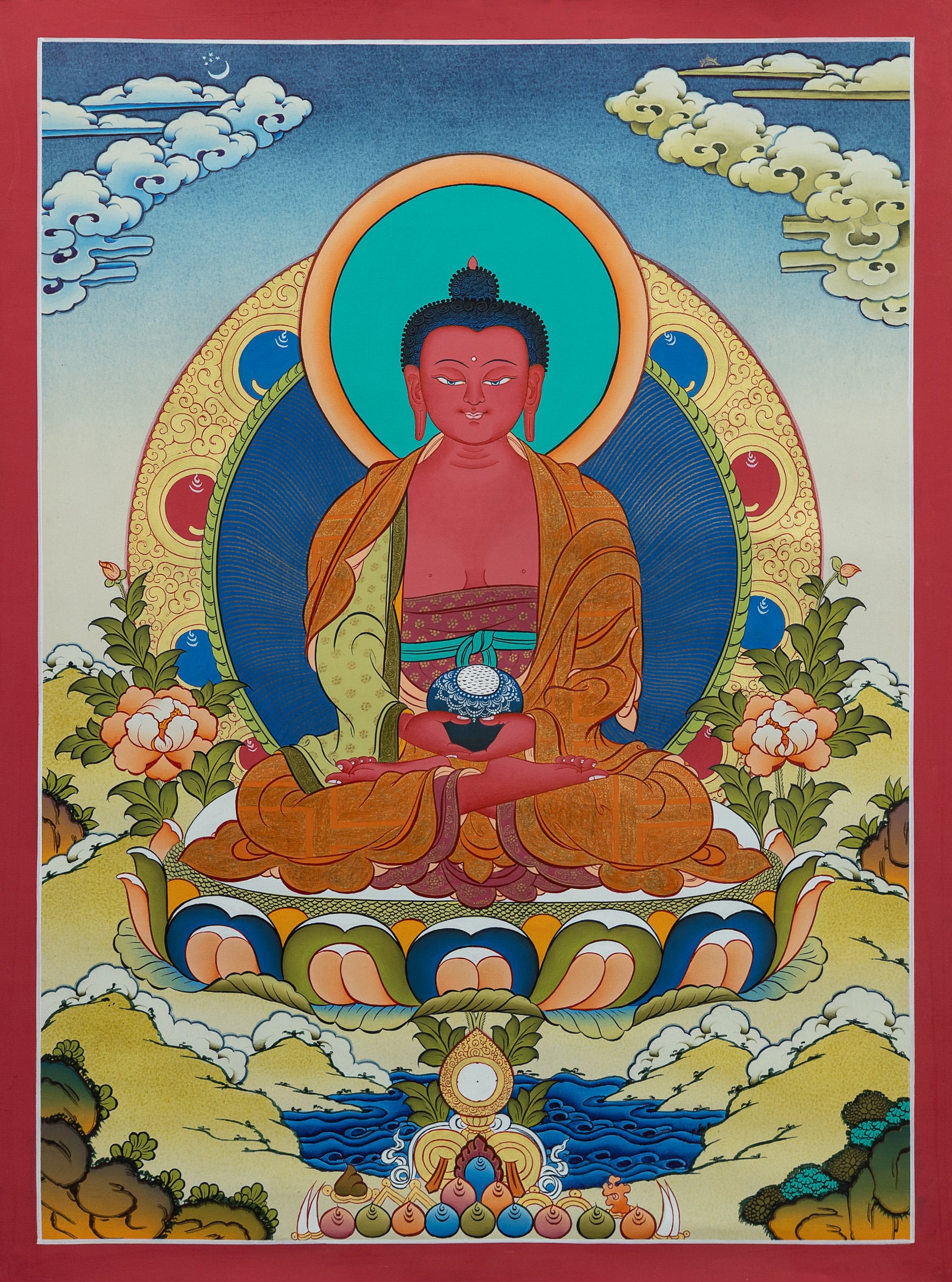 Colorful depiction of a Amitabha Buddha surrounded by Halo