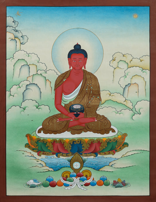 Colorful depiction of a seated Buddha figure with a mountainous landscape in the background.