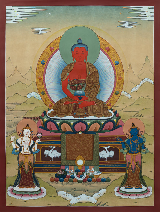 Hand Painted Colorful depiction of Amitabha Buddha figure with attendants in a mountainous landscape.