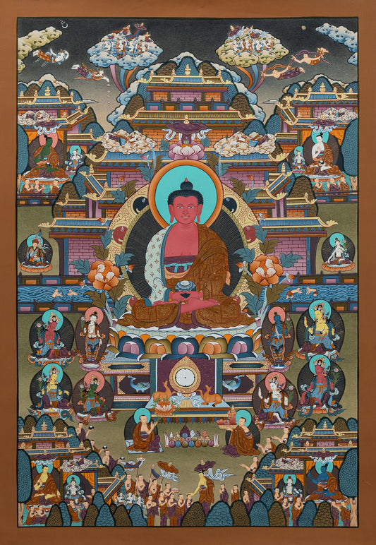 Colorful Amitabha Buddha artwork with central figure and intricate details