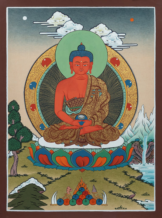 Colorful depiction of Amitabha Buddha in a meditative pose with a circular emblem and natural scenery.