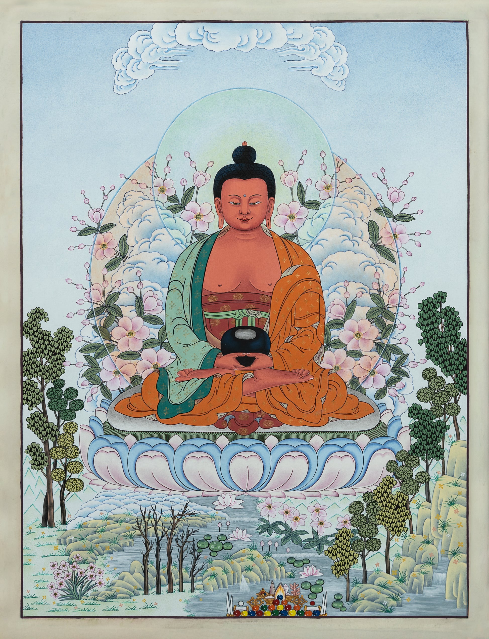 Colorful depiction of a Amitabha Buddha in a natural setting with trees and flowers.