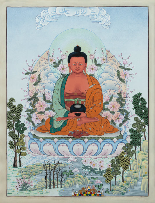 Colorful depiction of a Amitabha Buddha in a natural setting with trees and flowers.