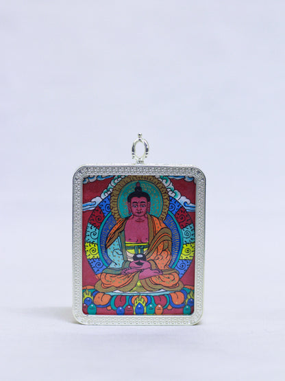 Amitabha Buddha Thangka Butti Pendant in a silver amulet box