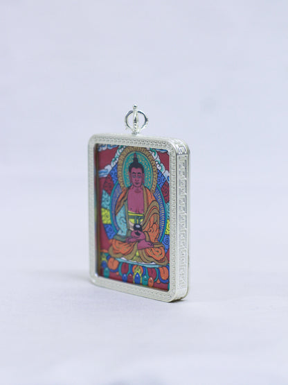 Side view of Amitabha Buddha Butti thangka pendant showing intricate Buddhist art, fine detailing, and handmade craftmanship