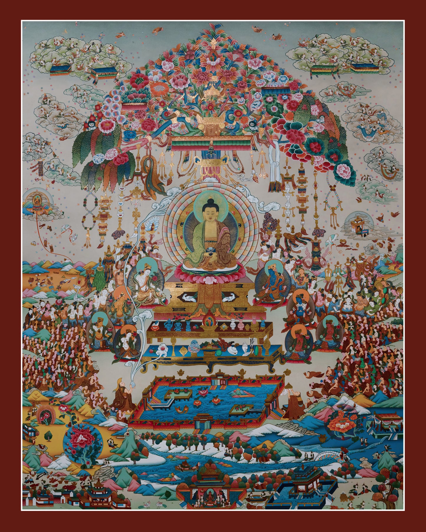 Hand-painted Amitabha Buddha Pure Land thangka depicting Sukhavati with lotus ponds, celestial figures, sacred landscapes, and traditional Buddhist deities