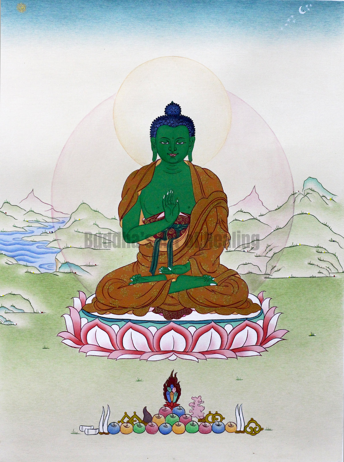 A traditional Tibetan Buddhist painting depicting the Amoghasiddhi Buddha seated on a pink lotus pedestal, with a green body, brown robe, and a white/gold halo, set against a landscape of mountains and a blue sky.