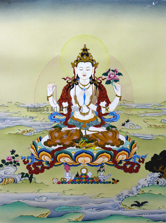 Four-armed Chenrezig Thangka depicting Avalokiteshvara seated on a lotus throne