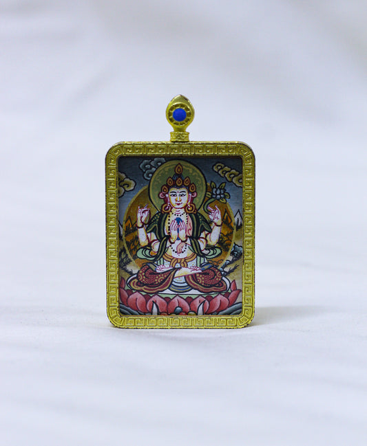 Square hand-painted Chenrezig butti thangka pendant featuring the Bodhisattva of compassion in a gold locket frame